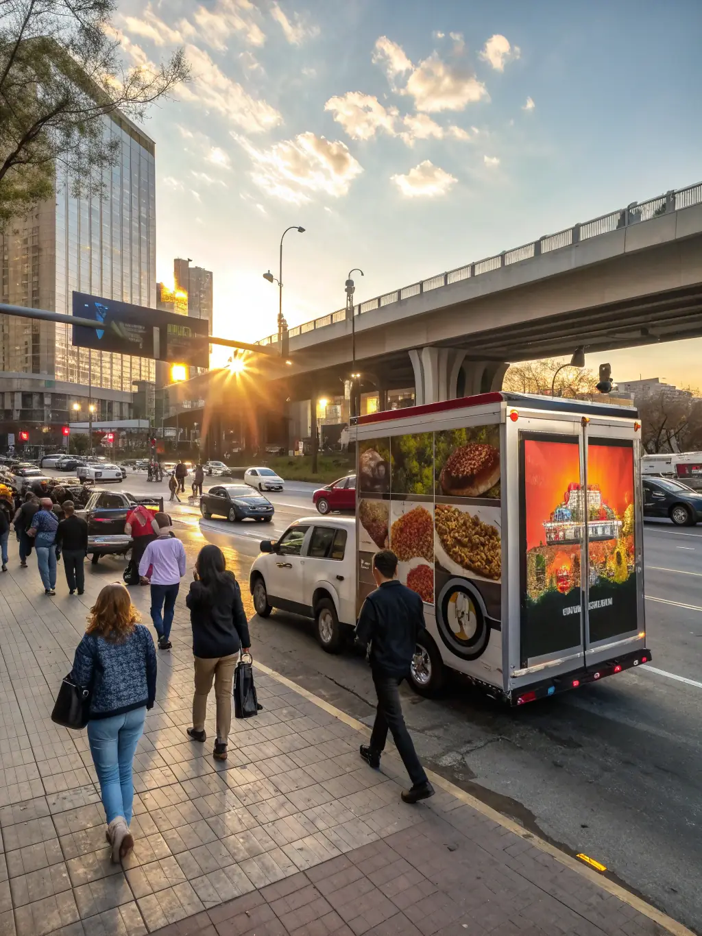 A mobile billboard trailer displaying a vibrant advertisement for a local restaurant, parked strategically near a busy intersection during lunchtime.