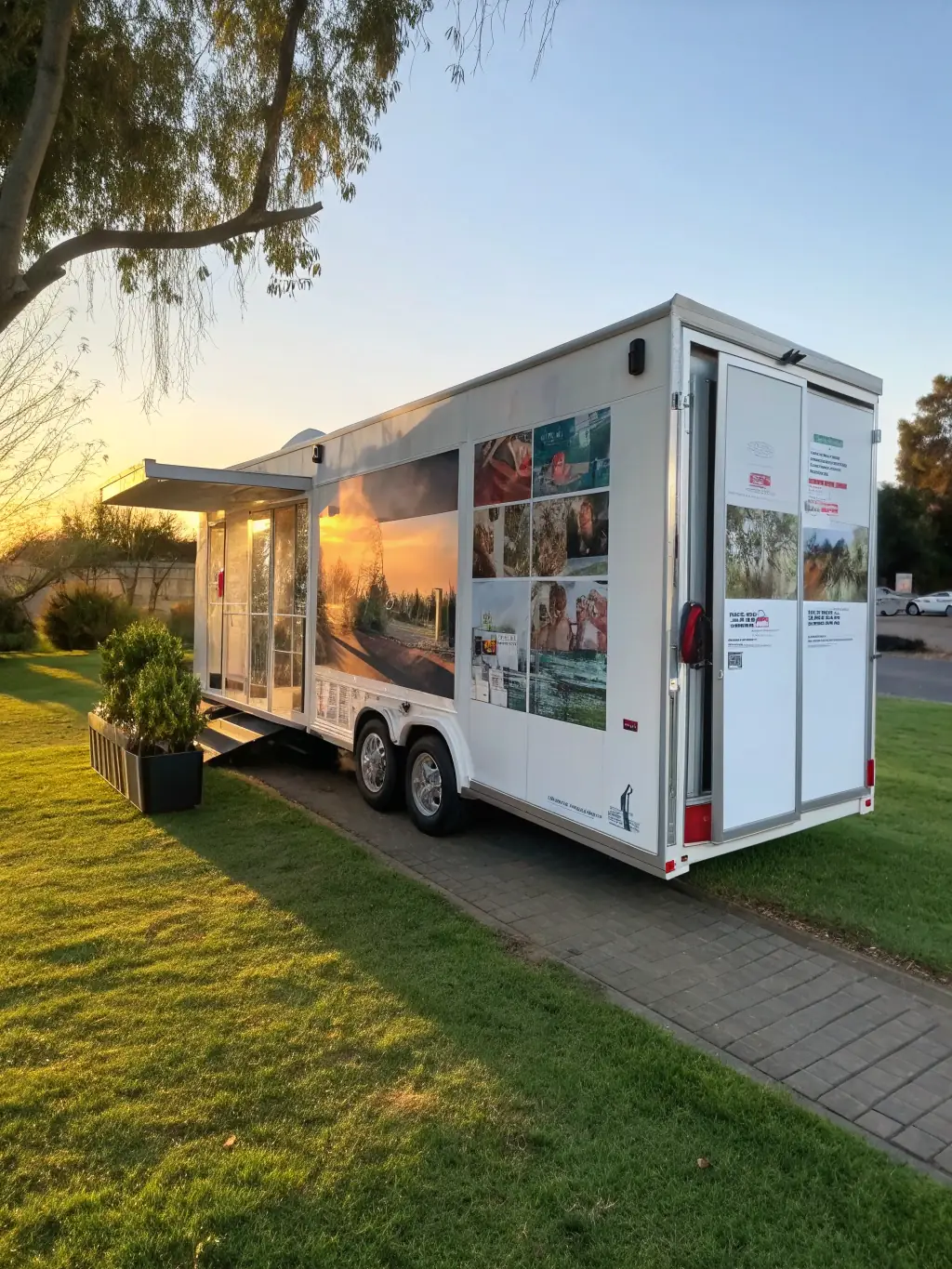 A photo of the Fixin2Advertise trailer with customizable advertising panels, showcasing the flexibility of the advertising options.