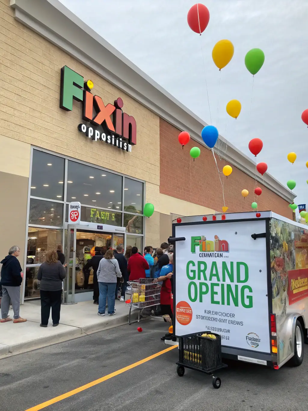 A Fixin2Advertise trailer showcasing a grand opening advertisement for a retail store, positioned outside the store's location on opening day.