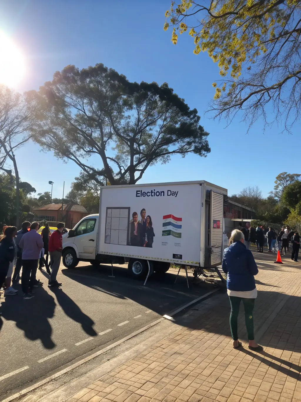 A Fixin2Advertise trailer displaying a political campaign advertisement, strategically parked near polling stations on election day.