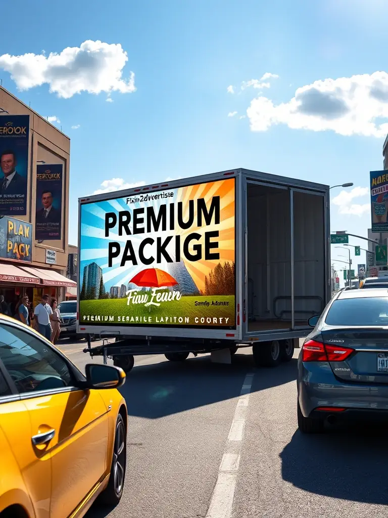 An image of Fixin2Advertise's mobile billboard trailer featuring a dynamic advertisement for the 'Premium Package', highlighting its extended coverage and enhanced features.