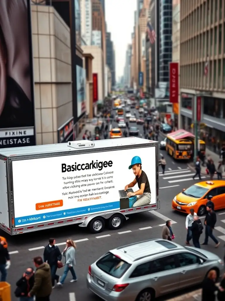 A vibrant image showcasing Fixin2Advertise's mobile billboard trailer parked in a busy urban area, displaying an advertisement for the 'Basic Package' with clear and concise messaging.