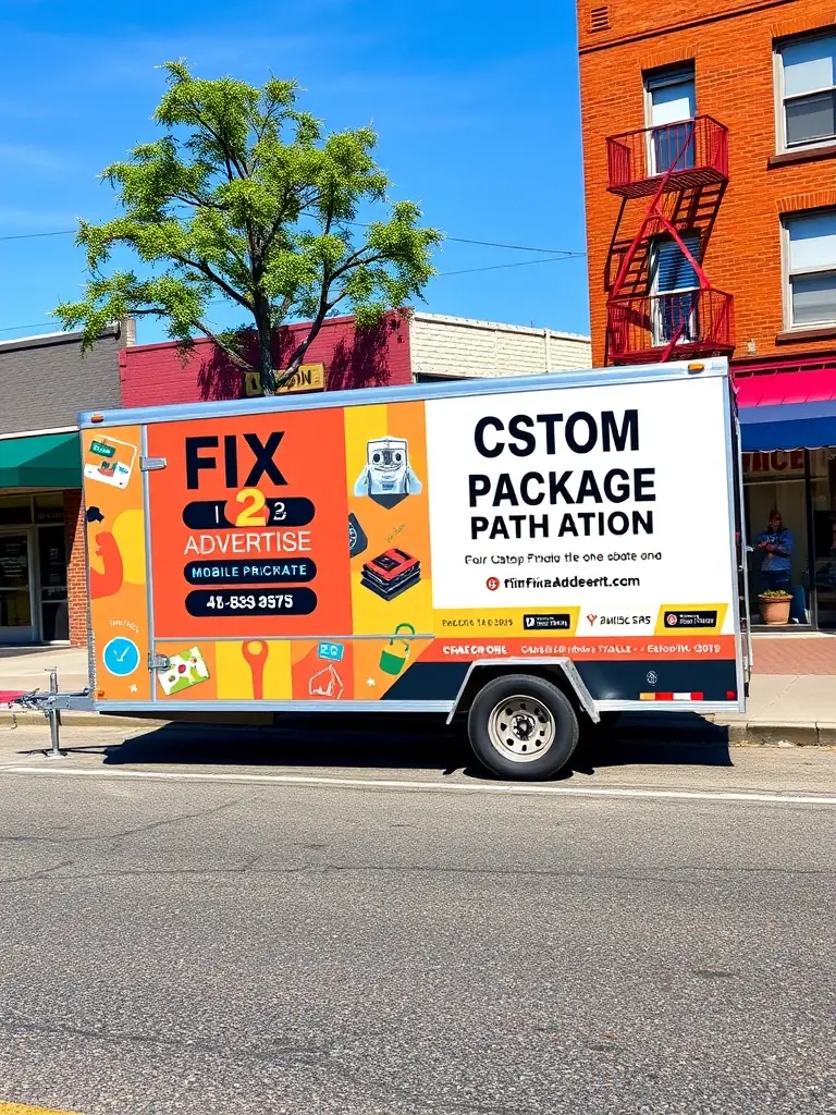 A visually appealing image of Fixin2Advertise's mobile billboard trailer displaying a customized advertisement for the 'Custom Package', showcasing unique branding elements and messaging.