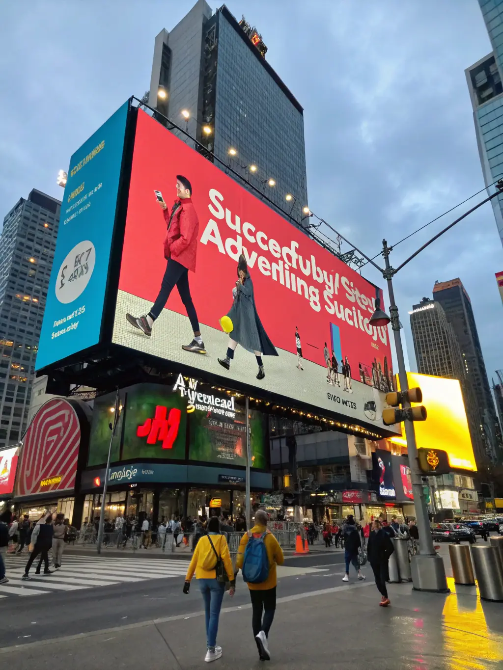 A close-up shot of the mobile billboard trailer displaying a vibrant advertisement in a bustling city center, emphasizing its high visibility.