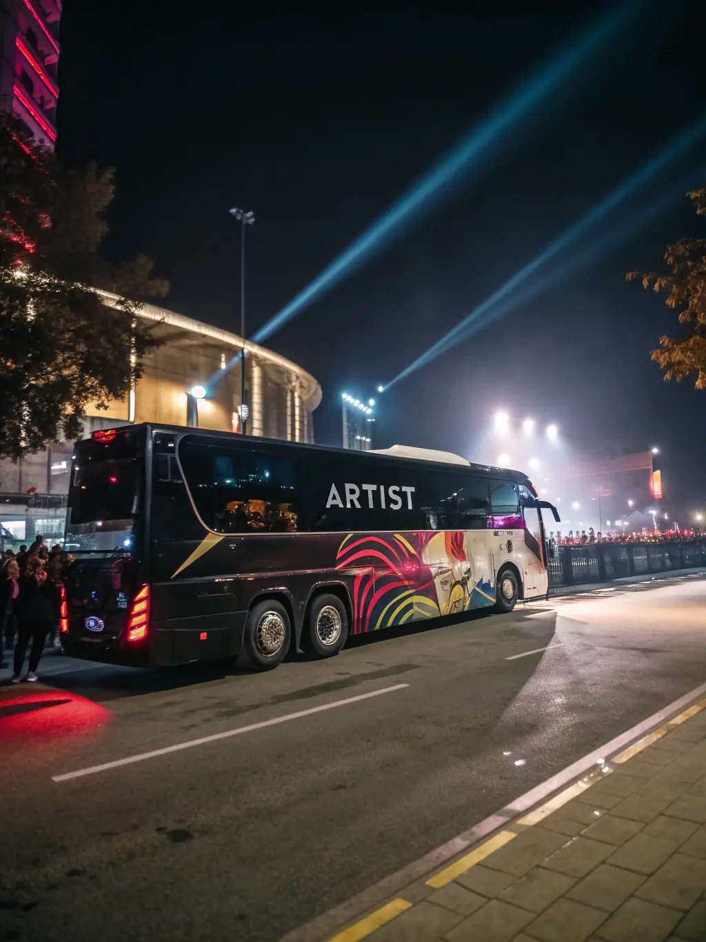 A mobile billboard promoting a local concert, parked near the venue on the day of the event, attracting last-minute ticket sales.